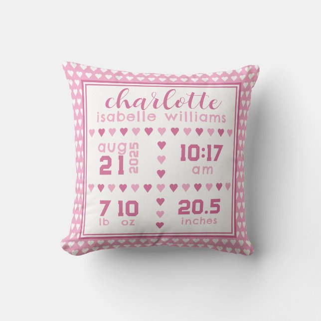 Baby Girl Heart Birth Announcement Throw Pillow (Front)