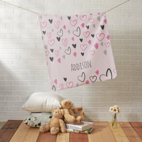 Baby Girl Hearts Pattern Custom Name Pink  Baby Blanket