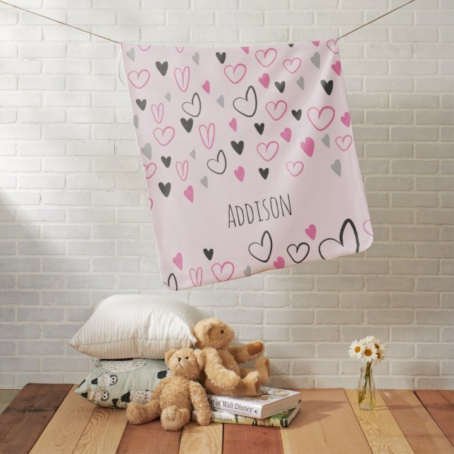 Baby Girl Hearts Pattern Custom Name Pink  Baby Blanket (In Situ)