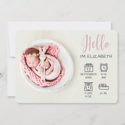 Baby girl hello overlay photo  birth stats icons announcement