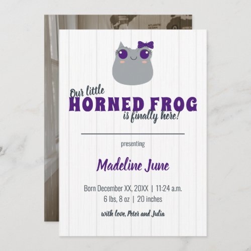 Baby Girl Horned Frog Purple Vertical Baby Announcement