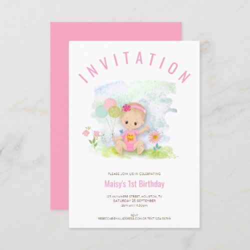 Baby Girl Illustration Pink First Birthday Party Invitation