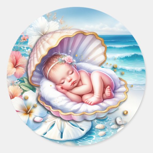 Baby Girl in a Seashell Baby Shower  Classic Round Sticker