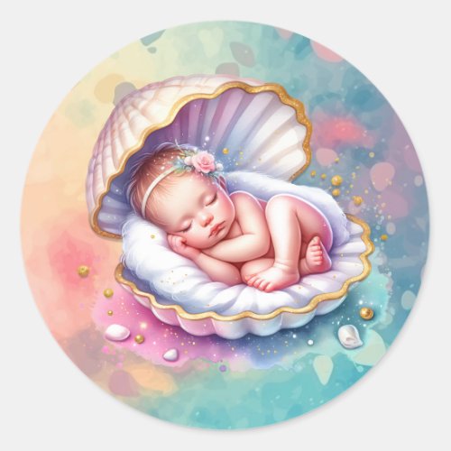 Baby Girl in a Seashell Baby Shower  Classic Round Sticker