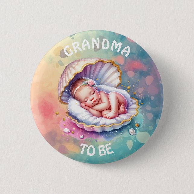 Baby Girl in a Seashell Baby Shower Grandma to be Button (Front)