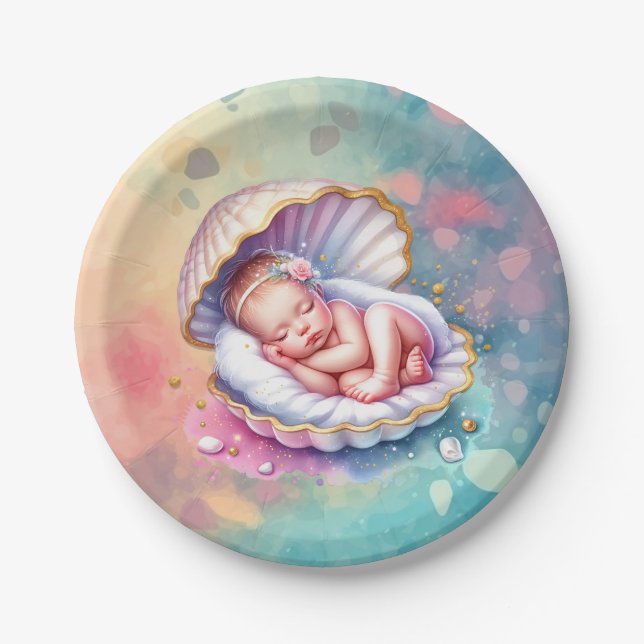 Baby Girl in a Seashell Baby Shower  Paper Plates (Front)