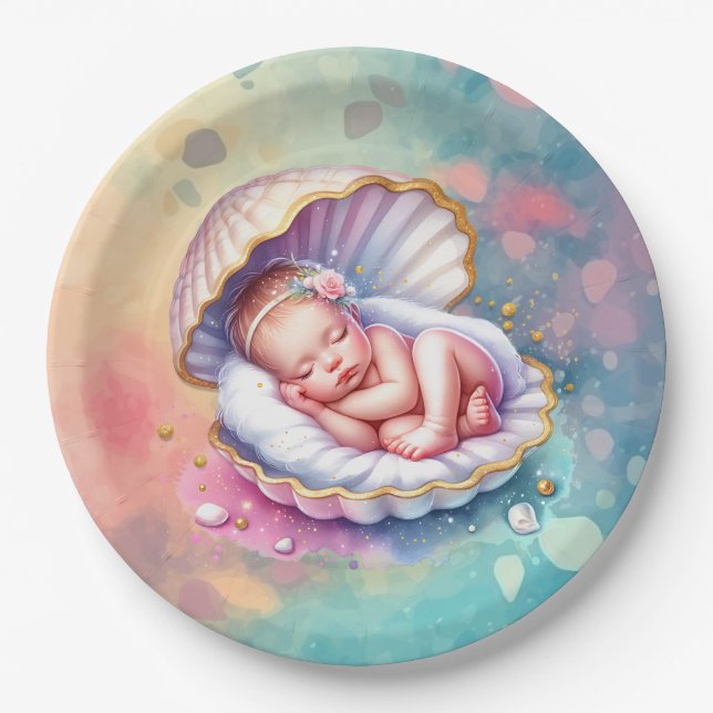 Baby Girl in a Seashell Baby Shower  Paper Plates (Front)