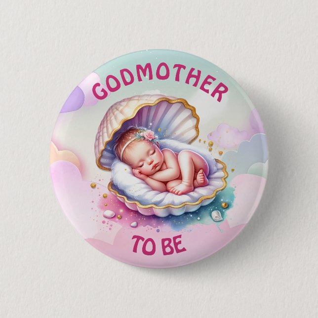 Baby Girl in Seashell Baby Shower Godmother to be Button (Front)