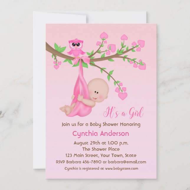 Baby Girl in Tree, Pink, Baby Shower Invitation (Front)