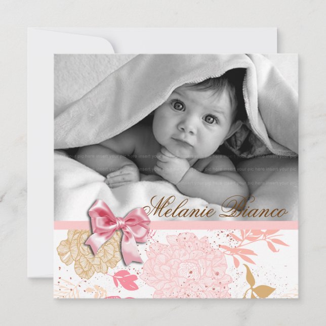 Baby Girl Invitation Birthday Party Pink White Bow (Front)