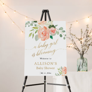 Baby girl is blooming peach flower welcome sign