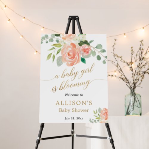Baby girl is blooming peach flower welcome sign