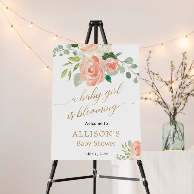Baby girl is blooming peach flower welcome sign (In Situ (Stand))