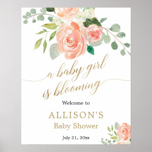 Baby girl is blooming peach flower welcome sign