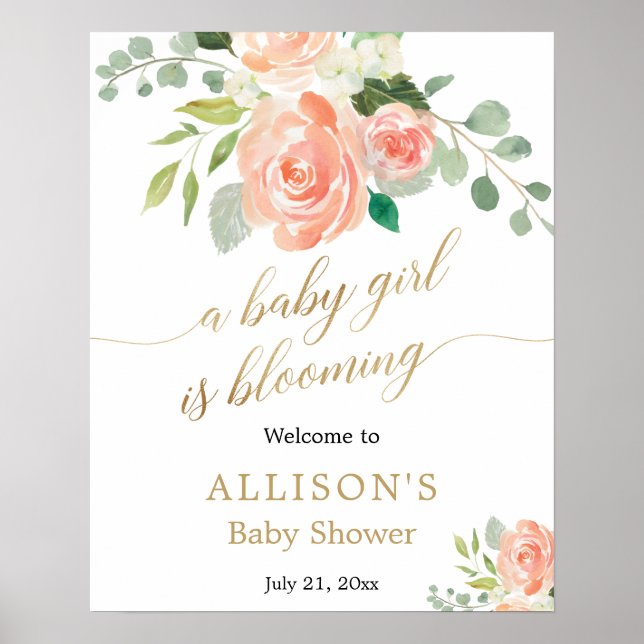 Baby girl is blooming peach flower welcome sign (Front)