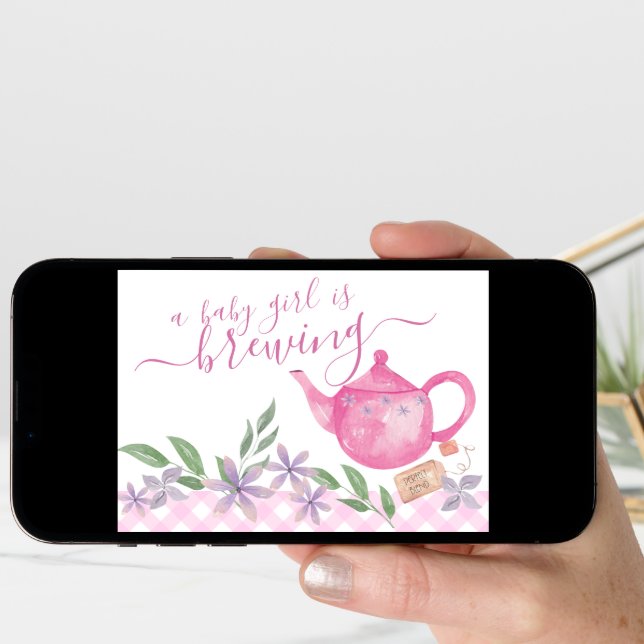 Baby Girl is Brewing 3 Photo Cute Teapot Pregnancy Announcement (Front Digital)