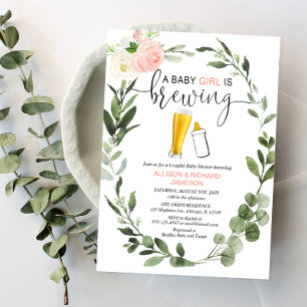 Baby Girl is Brewing greenery couples baby shower Invitation