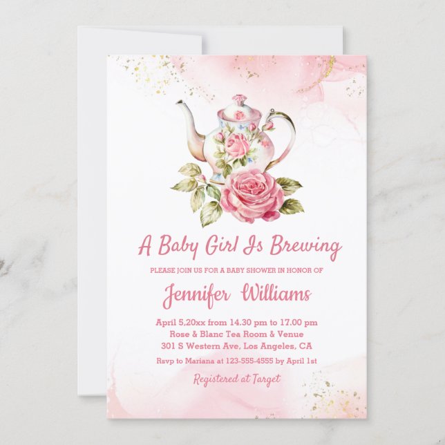 baby girl is brewing pink tea party invitation  (Front)