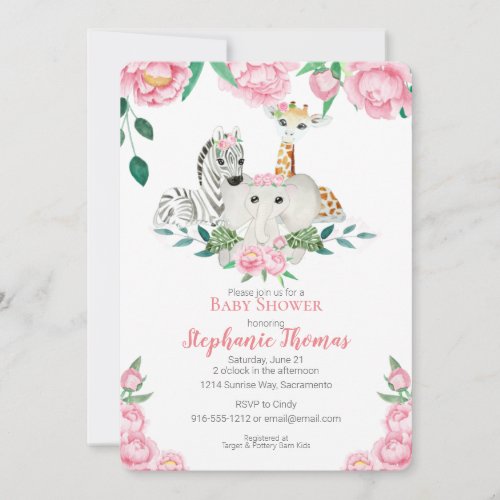 Baby Girl Jungle Animals Shower Invitation