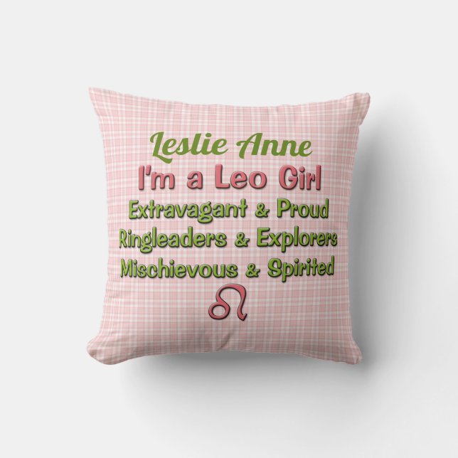Baby Girl Leo Zodiac Pink Check with Green Name Throw Pillow (Front)