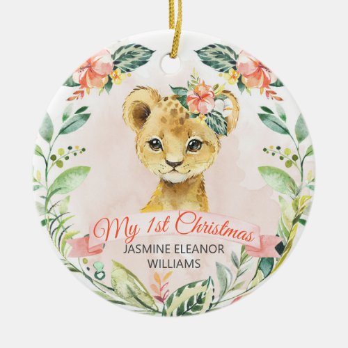 Baby Girl Lion Cub Watercolor Floral Custom Name Ceramic Ornament