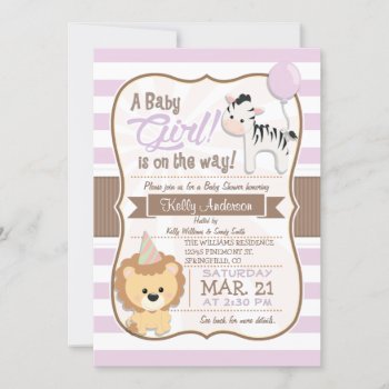 Baby Girl Lion & Zebra Pastel Purple Baby Shower Invitation by Card_Stop at Zazzle