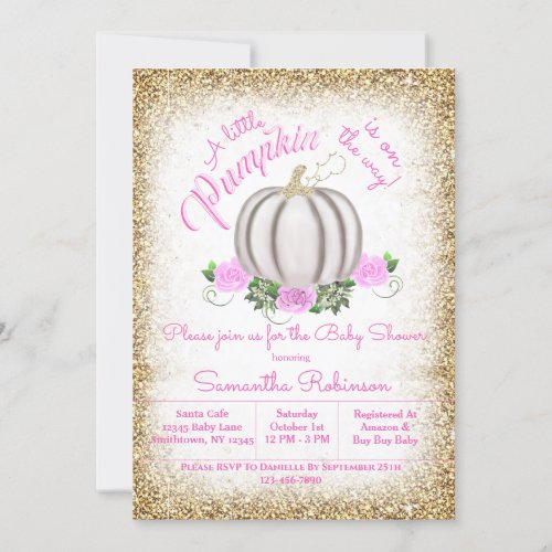 Baby Girl Little Pumpkin Pink and Gold Baby Shower Invitation