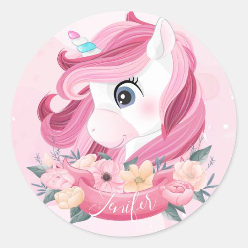 Baby Girl Little Unicorn Baby Shower Personalized Classic Round Sticker