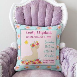 Baby Girl Llama Pink Floral Birth Announcement Throw Pillow