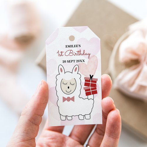 Baby Girl Llamas and Pink Hearts Gift Tags