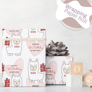 Baby Girl Llamas and Pink Hearts Wrapping Paper