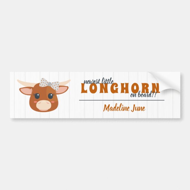 Baby Girl Longhorn Burnt Orange Announcement Bumper Sticker (Front)