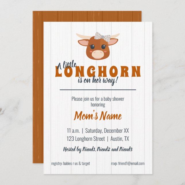 Baby Girl Longhorn Burnt Orange Baby Shower Invitation (Front/Back)