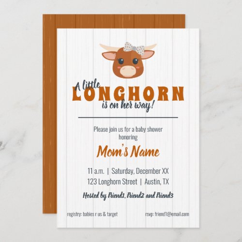 Baby Girl Longhorn Burnt Orange Baby Shower Invitation
