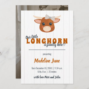 Baby Girl Longhorn Burnt Orange Vertical Birth Announcement