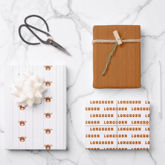 Baby Girl Longhorn Burnt Orange Wrapping Paper Sheets (Front)