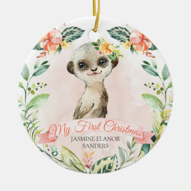Baby Girl Meerkat First Christmas Holiday Keepsake Ceramic Ornament (Front)