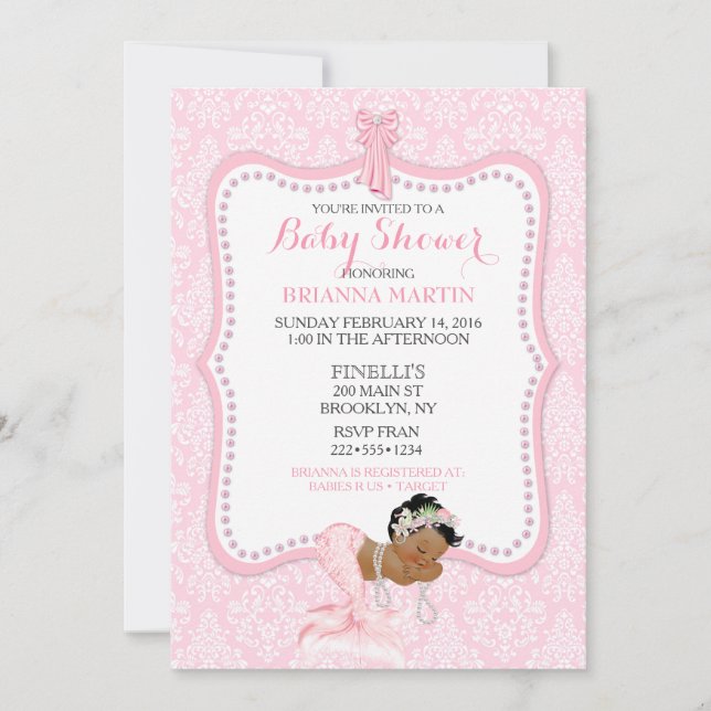 Baby Girl Mermaid Princess Crown Damask Invitation (Front)