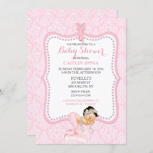 Baby Girl Mermaid Princess Crown Damask Invitation