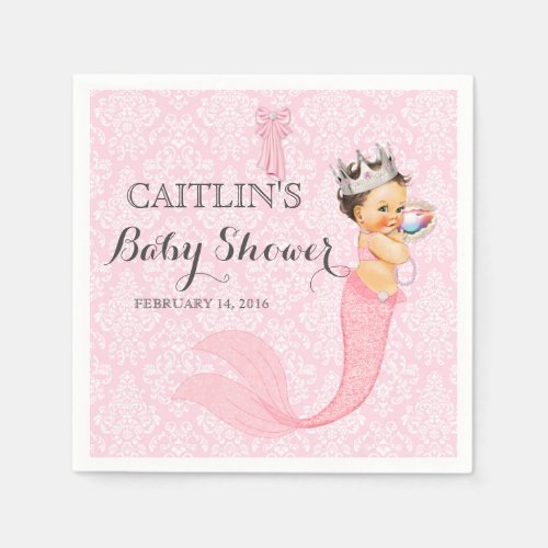 Baby Girl Mermaid Princess Crown Damask Paper Napkins