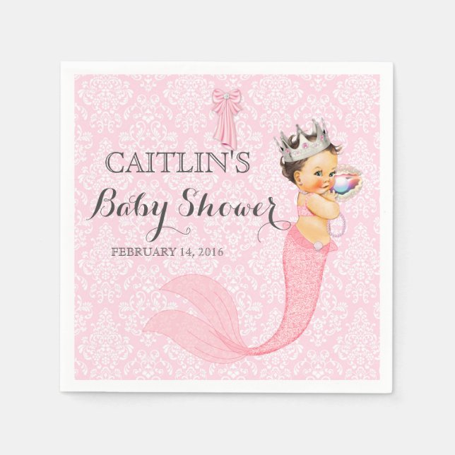 Baby Girl Mermaid Princess Crown Damask Paper Napkins (Front)