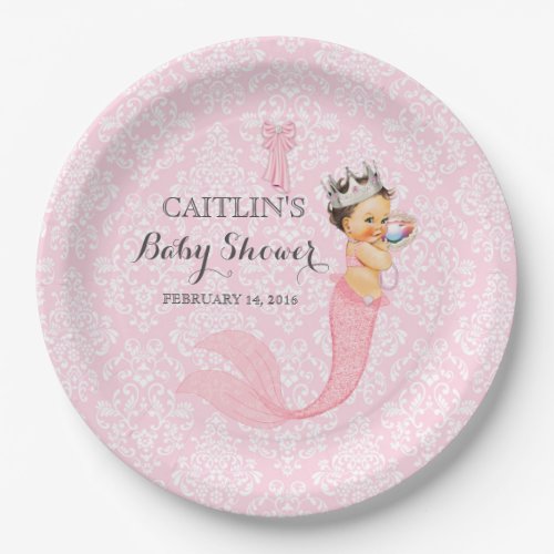 Baby Girl Mermaid Princess Crown Damask Paper Plates