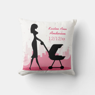 Baby Girl Metro Birth Announcement Pink City Throw Pillow