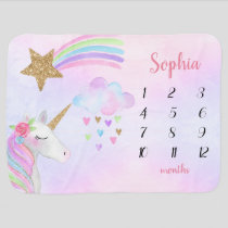 Baby Girl Milestone Cute Unicorn Rainbow Glitter Blanket