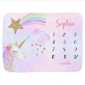 Baby Girl Milestone Cute Unicorn Rainbow Glitter Blanket