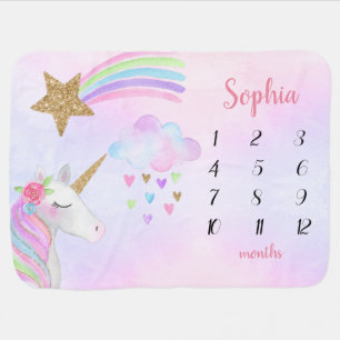 Baby Girl Milestone Cute Unicorn Rainbow Glitter Blanket