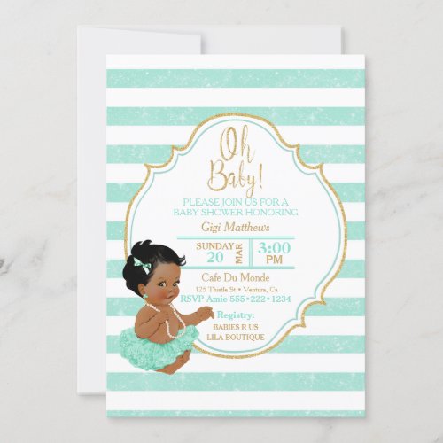 Baby Girl Mint Tutu Stripes Gold Glitter  Invitation