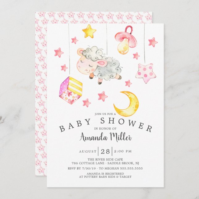 Baby Girl Mobile Lamb Baby Shower Invitation (Front/Back)