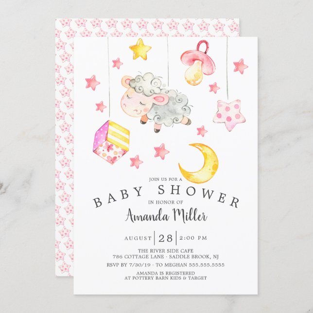 Baby Girl Mobile Lamb Baby Shower Invitation (Front/Back)