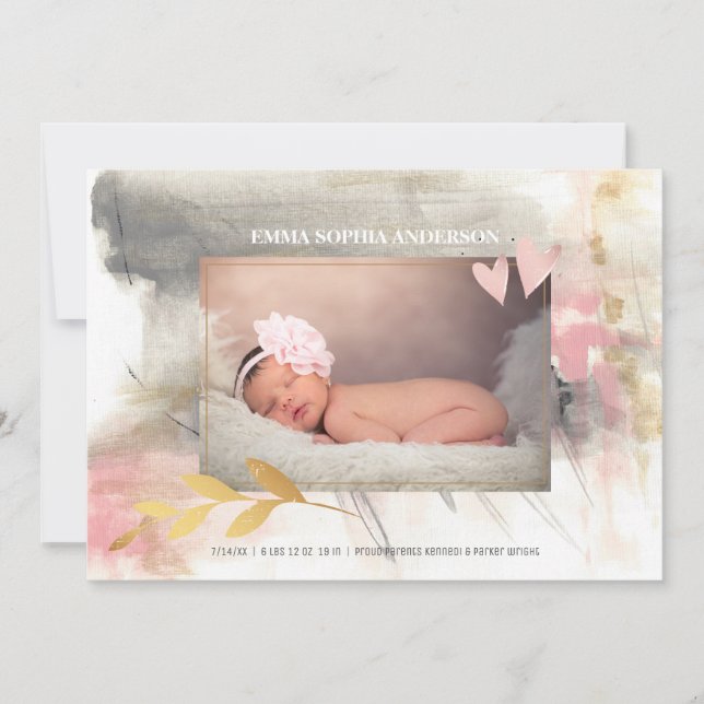 Baby Girl Modern Gold Gray Pink Birth Announcement (Front)